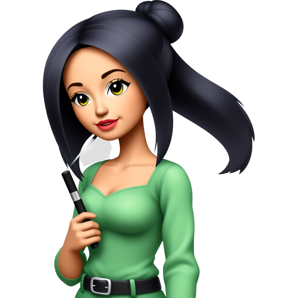 asian mean girl, bratz style, bright skin and black hair with bun, green clothes, long lashes and makeup, and juul.