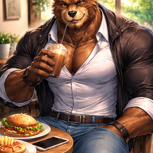 A Full BODY and FACE of a Muscular and Buff and a Gigantically Muscular with Chunky Gigantic Pecs AND biceps and a BIGGER head with the Perfect Waist. VERY Masculine and handsome Anime Bara Furry Grizzly Bear with a Very Good-looking and Mature Face and brown eyes with a wrestler type body. Wearing a Baggy and normal sized Buttoned up White shirt and Jeans with his jacket. Drenched in sweat. At a Coffee house at a table drinking food