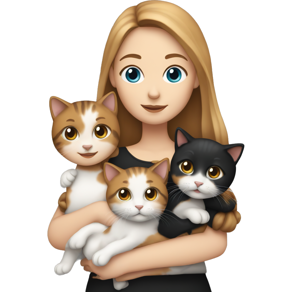 female holding two Calico cats in her arms. She has fair skin, long straight light brown hair and blue eyes and is wearing black.