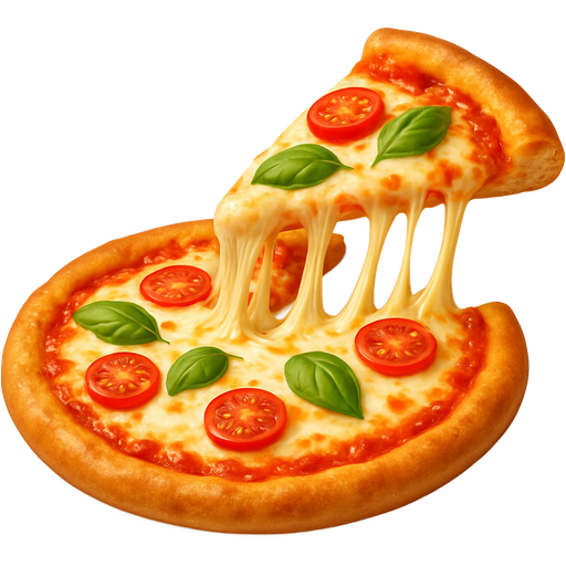 Imagine a delicious Margherita pizza, straight out of the oven. The crust is perfectly golden and slightly crispy on the edges, yet soft inside. The tomato sauce is rich and flavorful, with just the right balance of acidity and herbs. The melted mozzarella generously covers the pizza, and when you lift a slice, it stretches in long, gooey strands, creating that irresistible moment where you see all the cheese melting and glistening. A few fresh basil leaves and cherry tomato slices add color and freshness.