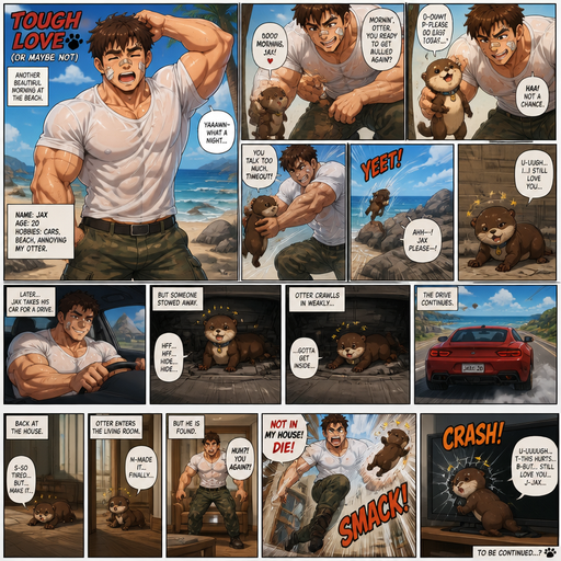 A Full page Anime Comic book story about of a Bulky ANIME Cute Bara Man American 20 year old with a ROUND and BASIC facial structure and Young Adult BARA CUTE that is Peach Toned skin not anything else MALE not to detailed With bigger than average Pecs that are visible through the shirt and Biceps and a big Bandaid on his nose and Left Cheek and Right Eye brow with Scars all over his Chest and arms. Wearing a White baggy shirt and jeans that is tight around the waist and Baggy Camo Cargo pants drenched in sweat and Short and Brown Strait Fluffy Hair and Strait with brown eyes and black eyebrows with a Three finger Slash on his Eyebrow. With no Facial Hair. Waking up in the morning at the Beach and his pet Puppy but Excessively bully’s it and the otter always the owner threw him at a rock and the otter weakly talks back. But he drive in his cars, but the otter stowed away on his car and was weakly crawling in. And the otter arrives back at the house and he goes into the living room but is found and flys into the TV. And the otter falls