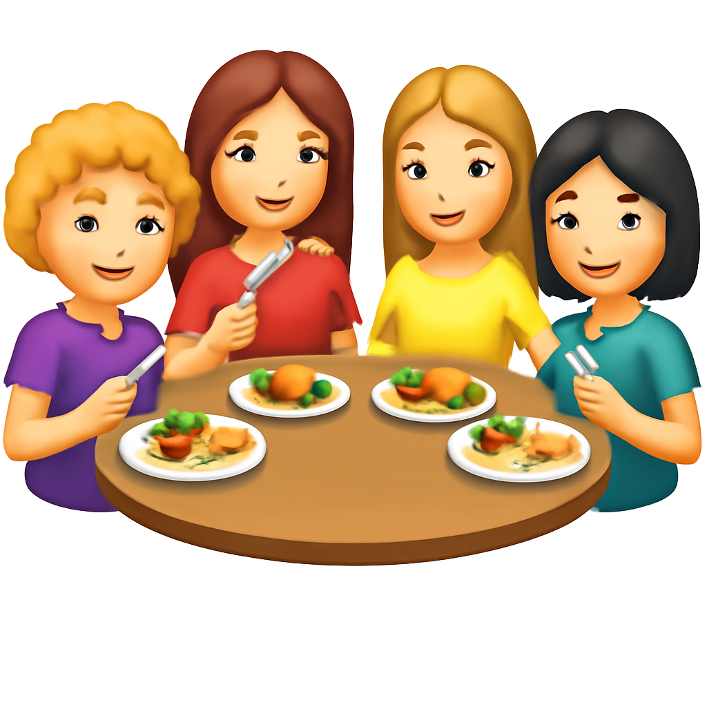 Cuatro chicas, una rubia con el pelo corto y un poco rizado, una con el pelo castaño, largo y ondulado,, otra con el pelo liso, por debajo de los hombros, color rubio oscuro y otra con el pelo por los hombros negro liso. Ellas cuatro comiendo en una mesa redonda