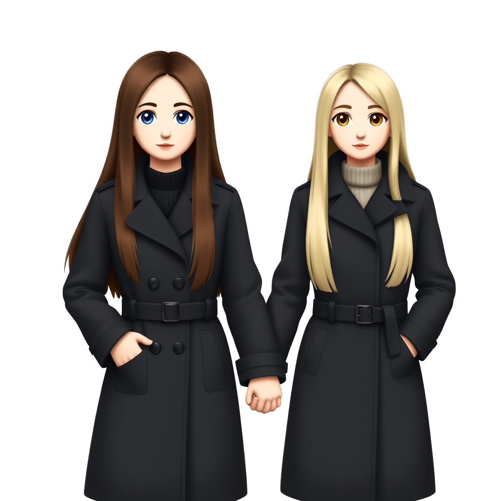 girl with long brunette hair and blue eyes in a black trenchcoat holding hands with a blond girl with brown eyes in a blck trenchcoat
