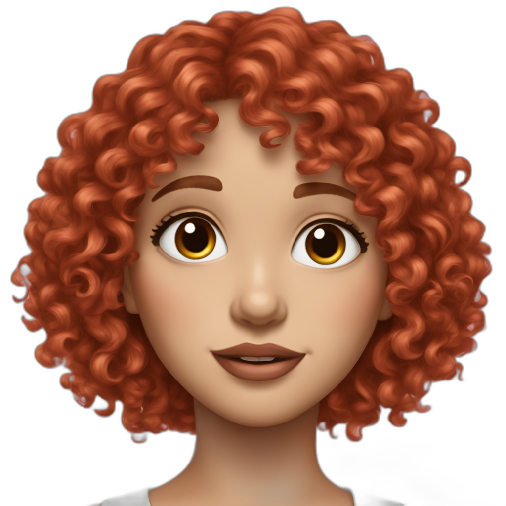 A face emoji Light WHITE skin vibrant Red curly hair with medium length with bangs brown medium eyes smokey eyes makeup and soft pink lips and skinny nose