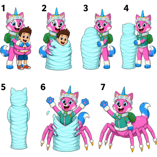 unikitty drider hybrid life cycle transformation happy pink cat anthro furry boy with blue and white tail white wrists blue hands white ankles yellow socks green collar blue unicorn horn based on unikitty wearing everest's hat and everest's clothing with everest's backpack grabbing kid in blue shorts and 2 wrapping around kid in blue shorts whole body 3 and head completely covered 4 wrapped up think layers of light cyan spider slik cocoon shaped like kid behind back with #B8FFFF spider slik wrappings completely covered with thick layers non-transparent #B8FFFF spider slik wrappings 5 wrapped up and mummified fully covered in a #B8FFFF spider slik cocoon shaped like anthro cat furry boy anthro with arms behind back with #B8FFFF spider slik wrappings completely covered with thick layers non-transparent #B8FFFF spider slik wrappings 6 happy anthro furry pink cat drider with blue and white tail white wrists blue paws white ankles yellow tips on spider legs green collar blue unicorn horn based on unikitty wearing everest's hat and clothing emerges from its wrapped up and mummified fully covered in a #B8FFFF spider slik cocoon shaped like anthro cat furry boy anthro with arms behind back with #B8FFFF spider slik wrappings completely covered with thick layers non-transparent #B8FFFF spider slik wrappings 7 happy anthro furry pink cat drider with blue and white tail white wrists blue paws white ankles yellow tips on spider legs green collar blue unicorn horn based on unikitty wearing everest's hat and clothing
