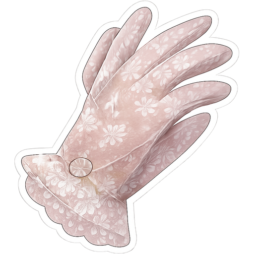 Generate a sticker: a glove made of lace, slightly crumpled, with a pearl button. Palette: white + dusty pink, gold threads in a pattern. Transparent background, detailed lace texture. The mood is elegant negligence.
