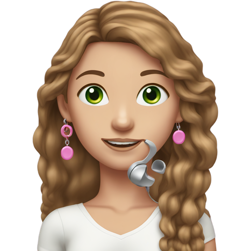 A Girl with Brown Long hair and green eyes with Long lashes and a White top and in her hand Is a pink phone Ear rings