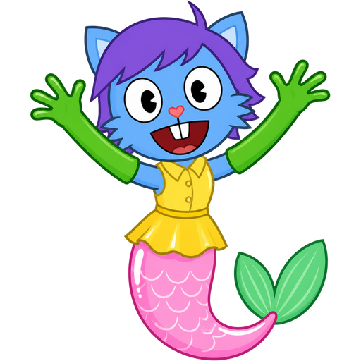 blue boy cat furry with purple hair and green very long rubber gloves yellow dress tucked in light pink mermaid tail with white highlights with green tail fins (happy tree friends)