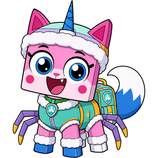 happy pink cat with blue and white tail white wrists blue hands white ankles yellow tips on spider legs green collar blue unicorn horn based on unikitty wearing everest's hat and everest's clothing with everest's backpack