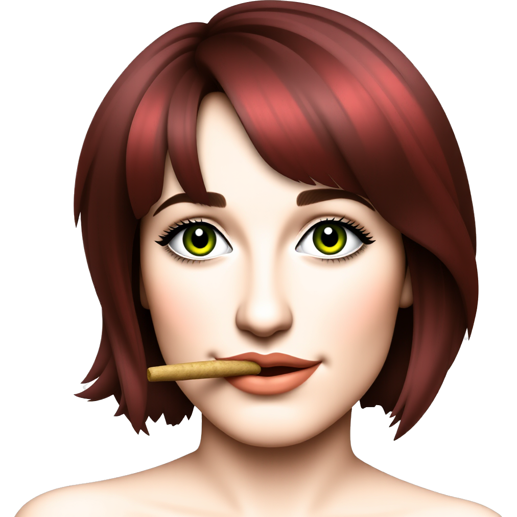 woman with short medium hair a little waved and red highlights with well-marked eyelashes and green eyes she looks stoned with a joint in her mouth but whiter skin iphone emoji