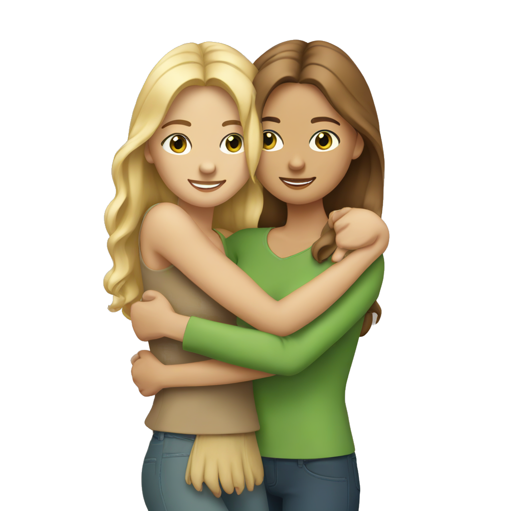 Two woman hugging friends. Brown haired woman with tan skin and blue eyes. One with blonde hair and green eyes and tan skin