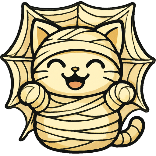 #FFFEED slikworm cocooned pod #FFFEED cat mummy happy inside covered with #FFFEED huge coating of #FFFEED slik and #FFFEED slik wrappings and #FFFEED huge coating of webbing wrappings fan character emoji, expressive cute style