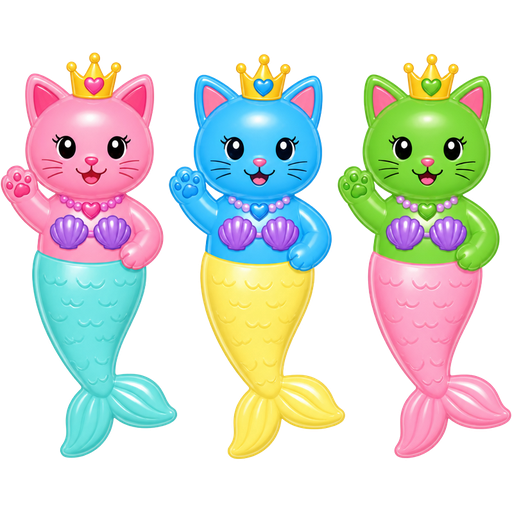 rubber pooltoy pink cat princess with a rubber pooltoy long light cyan mermaid tail rubber pooltoy blue cat princess with a rubber pooltoy long light yellow mermaid tail rubber pooltoy green cat princess with a rubber pooltoy long light pink mermaid tail clipart