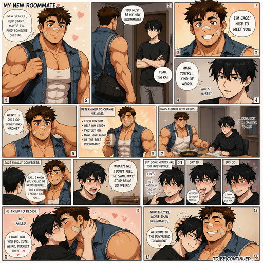 A Full page Anime Comic book story about of a masculine and Bulky ANIME Cute Bara Man American 20 year old with a ROUND and BASIC facial structure and MASCULINE TENAGE BARA CUTE MALE with peach toned skin not to detailed With bigger than average Pecs that are visible through the shirt and Huge Biceps and Pecs and a big Bandaid on his nose and Left Cheek and Right Eye brow. Wearing a no piercings Baggy sleeveless jean jacket and Jeans and Dark Brown Hair and Brighter Brown Tips and Strait with brown eyes and black eyebrows. Finding his new roommate and blushes and cause he’s Big and Cute and Dreamy and Manly and he dreamed of but the new roommate doesn’t feel the same way and calls him weird. And then actually tries to be the old roommate’s boyfriend and the old roommate falls for him cause he’s too irresistible even though he tried not to.