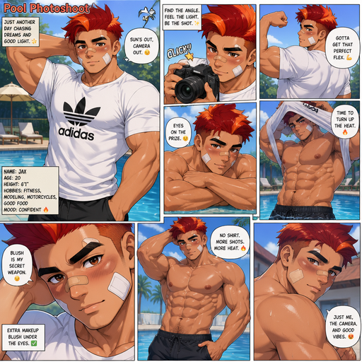 A Full page Anime Comic book story about of a masculine and Bulky ANIME Cute Bara Man American 20 year old with a ROUND and BASIC facial structure and TENAGE BARA CUTE MALE not to detailed With bigger than average Pecs that are visible through the shirt and Biceps and a big Bandaid on his nose and Left Cheek and Right Eye brow. Wearing a no piercings Modeling and Wearing a White Baggy Adidas Shirt that is is Tight around the Waist and Shorts and Red Hair and Bright Orange Hair Tips and Strait is wearing a Motorcycle haircut with brown eyes and black eyebrows. Taking Hot, Dreamy and Attractive Photos and flexing. And With Extra Makeup blush UNDER HIS EYES. At Pool Taking Pictures then Taking off his shirt and taking more pictures