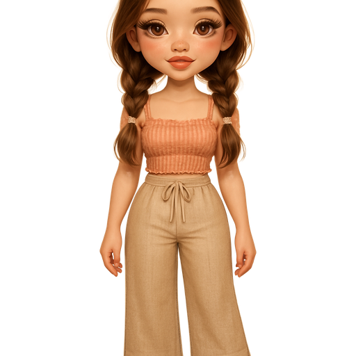 semi-realistic soft cartoon luxury glam, mini plush Bratz-doll aesthetic, cinematic glow, crisp clean detail, glossy glam skin. brown eyed skinny Petite girl, fair skin with soft freckles, wide face with tall forehead, honey-brown almond wide-set upturned eyes, fluttery lashes, shimmer highlight, plush lips, bottom heavy lip, sweet Belle-princess vibe, long straight brunette hair with visible blonde highlights, softly defined feminine body, soft hourglass shape with full round bust, dusty peach smocked cami with dainty bow straps, warm beige linen wide-leg pants cinched with drawstring, tan platform slides, delicate gold anklet, glossy coral nails, hair in two loose braids tied with soft ivory ribbons, natural pink blush and light golden shimmer inner corners. full body view Cozy romantic glow, soft warm lighting, pop-princess energy