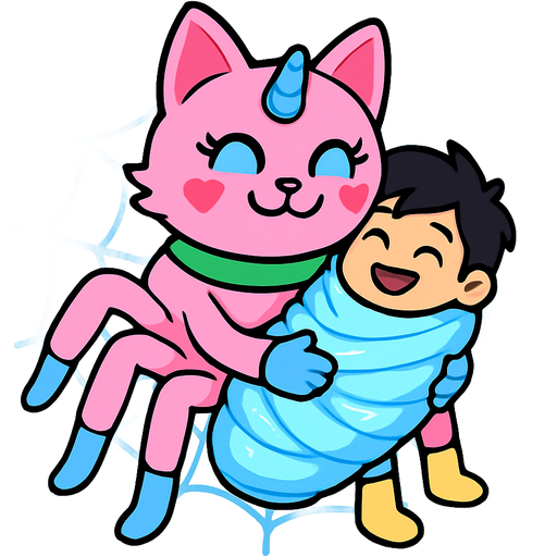 giant pink cat spider hybrid with blue unicorn horn green collar blue eyes with eyelashes heart shaped cheeks white wrists blue hands blue pink spider legs with white socks yellow boots cartoon character happy cuddling #B8FFFF cocoon slikworm cocooned pod black haired boy happy covered with #B8FFFF huge coating of #B8FFFF spider slik and huge #B8FFFF spider slik wrappings and huge #B8FFFF spider slik webbing wrappings #B8FFFF fan character emoji, expressive cute style