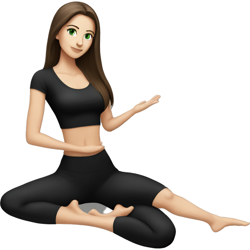 Beautiful white girl with perfect dark brown long straight amazing hair and green eyes sitting in yoga pose with black outfit (short sleeve top)