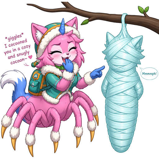 happy anthro girl pink cat drider with blue and white tail white wrists blue hands white ankles yellow tips on spider legs green collar blue unicorn horn wearing everest's hat clothing with backpack *giggles* I cocooned you in a cozy and snugly cocoon next to wrapped up and mummified fully covered in a #B8FFFF spider slik cocoon shaped like furry cat boy kid anthro arms behind back with #B8FFFF spider slik wrappings completely covered with thick layers non-transparent #B8FFFF spider slik wrappings Mmmmph! hanged to the branch