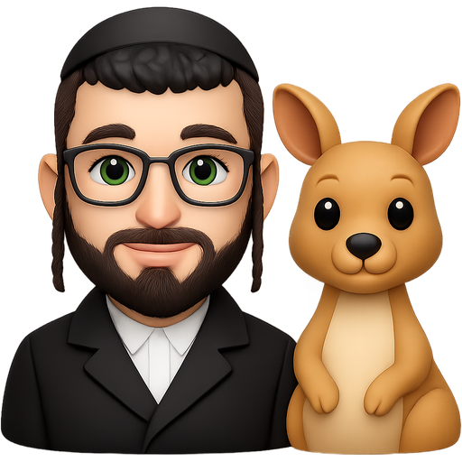 Create an Apple iPhone–style emoji (Apple emoji / Memoji aesthetic) featuring a young man and a cute kangaroo together. The young man has light skin, bright green eyes, and a textured crop haircut with contrast: jet black hair on top, voluminous and textured, with lighter faded sides and back. He is styled in a traditional Jewish (Orthodox) appearance: he is wearing a black kippah (or a traditional black hat) on his head and a long black coat (classic Orthodox Jewish outerwear). He has payot (side curls / sidelocks) visible on both sides of his face, no mustache, a neatly kept traditional Jewish beard, and round or rectangular glasses. His expression is calm and friendly with a soft, subtle smile. Next to him is a cute Apple-style kangaroo, matching the provided reference: smooth 3D design, rounded shapes, soft beige and warm brown tones, white belly, big expressive eyes, gentle smile, classic Apple emoji aesthetic. Balanced friendly composition. Apple emoji style, Memoji aesthetic, smooth textures, soft lighting, subtle shadows, high-quality 3D render, no text, no background or transparent background.