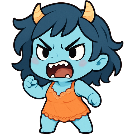 Oblique angle cute lady monster with light blue skin in a short lacy orange nightgown growling and being fierce