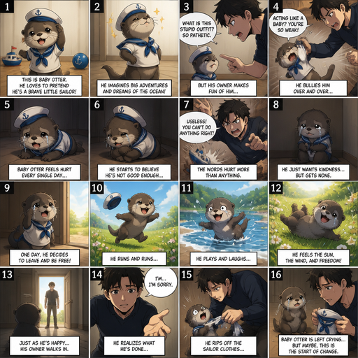 A comic book that show every action Picture by picture and shows impact of a A baby otter dressed like a little sailor pretending but His owner excessively bullies him. And then the otter runs having fun until the owner walks in and says I’m sorry and the owner rips of the Sailor clothes off the otter