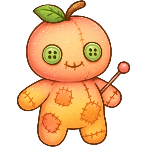 Peach sorbet themed voodoo bear doll with a dark pinkish orange to yellow peach fruit ombré in their outfit and a lot of patches as if it’s patch work with cute bright pale green button eyes and bright green leaf accents as well as glitter