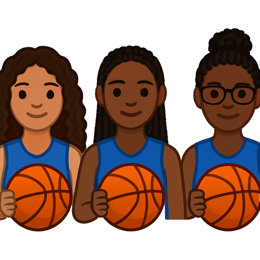 Make a girl with curly long hair light skinned kinda dark skin with a blue jersey holding a basketball and make another girl who is black with box braids and make another girl with a curly bun and darker skin then the first girl with black glasses and make them have blue jerseys