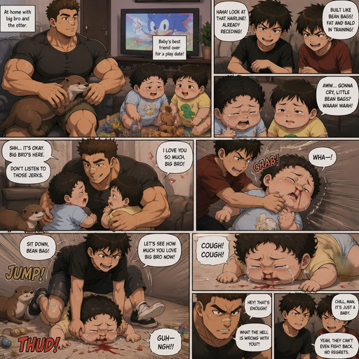 A DETAILED AND LIFELIKE Anime Comic Book story view of a Bulky but Muscular ANIME Cute Bara Man With Peach toned skin Who looks Normal aind round facial Structure and Basic facial structure With Puffy and Big Pecs that are visible through the shirt and Biceps and Bandaid on his nose and Brown short hair that makes them look tough. Wearing normal With his pet Grown and healthy realistic otter and 2 little brothers that despises the baby and the baby knows and baby that are in different ages but young. At the house, the baby is with his best friend baby on a play date and the brother‘s hate the baby and The baby‘s friend. And they watched their favorite show, and the little brothers roast the babies about there hairline and how there chubby and built like bean bags and act like them. but have no regrets on making them cry, so he goes onto the floor with them and snuggles them. and the baby expresses so much how he loves big bro. and one of the brothers takes the baby and messes with it. and the babies head jerks left, and has a little bit of red come out of its nose. And one of the brothers jumps up and lands on top of the baby. in a sitting position. and weighs down the baby. and red comes out and coughs out from the baby