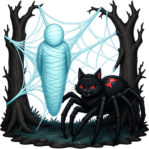 wrapped up and mummified fully covered in a #B8FFFF spider slik cocoon shaped like boy arms behind back with #B8FFFF spider slik wrappings completely covered with thick layers non-transparent #B8FFFF spider slik wrappings stuck in giant #B8FFFF spider webs between two tree next to a male black widow spider cat drider hybrid in a dark forest cartoon clipart style