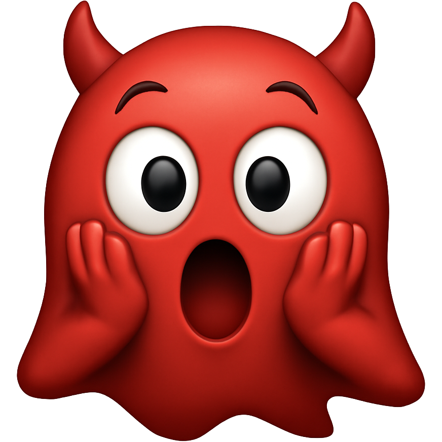 A cute 3D cartoon red ghost with devil horns, big surprised eyes, open mouth, and hands on cheeks, floating in the air, on a plain white background