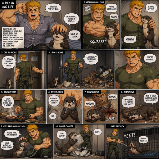 A ANIME Comic book story about of a Bulky ANIME Cute Bara Man American 20 year old with a ROUND and BASIC facial structure and Young Adult BARA CUTE that is Peach Toned skin not anything else MALE not to detailed With bigger than average Pecs that are visible through the shirt and Biceps and a big Bandaid on his nose and Left Cheek and Right Eye brow with Scars all over his Chest and arms. Wearing a Tight Military Green Top that is tight around the waist and Baggy Camo Cargo pants drenched in sweat and Short and yellowish orange Hair and Bright Gold Fluffy Hair and Strait with brown eyes and black eyebrows with a Three finger Slash on his Eyebrow. With no Facial Hair. Waking up in the morning in pajamas and his pet otter but Excessively bully’s it. And when he comes back from work he sees the otter right we’re he left him with trash around him and made a mess. He makes dinner and the Otter doesn’t even eat dinner and cries and asks for some and the looses a tail. And the otter Receives Discipline that and no longer has a tail. And then he excessively bullies him. And connected his collar and Bullied. The otter starts to pick up plates but drops them. And flew into his pen