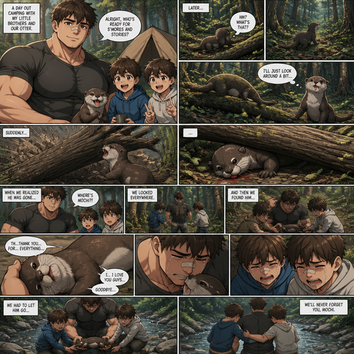 A DETAILED AND LIFELIKE ANIME Comic Book story view of a Bulky but Muscular ANIME Cute Bara Man With Peach toned skin Who looks Normal aind round facial Structure and Basic facial structure With Puffy and Big Pecs that are visible through the shirt and Biceps and Bandaid on his nose and Brown Fluffy and Strait hair. Wearing a normal clothes And with his pet and grown otter and 2 little brothers. And they went camping and The otter went to but went to go explore without anyone with him and then A tree falls and the They go find the otter and it’s over and the otter Weakly says goodbye and They cry and they drop the otter