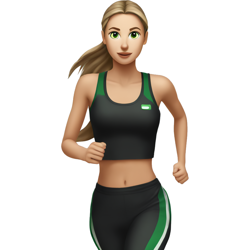 Beautiful white girl with green eyes and dark brown long tail going running πββοΈwith black outfit