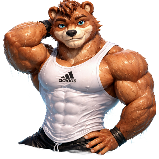 A Anime Full Body and Face of a Muscular and. VERY Masculine and handsome Bara Furry Bear with a Very detailed Good looking Face and Blue eyes with a wrestler type body. At a Photo Shoot Posing in a the water no chain with a white adidas shirt