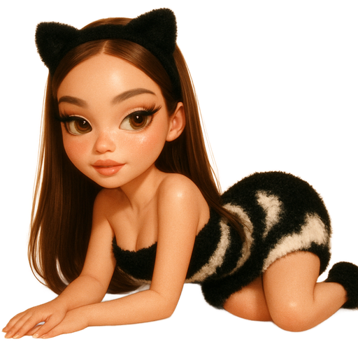 soft airbrushed glam, mini plush Bratz-doll aesthetic, cinematic glow, crisp clean detail, glossy soft skin. brown eyed skinny Petite girl, fair skin with soft freckles, wide face with tall forehead, honey-brown almond wide-set upturned eyes, fluttery lashes, shimmer highlight, plush lips, bottom heavy lip, sweet Belle-princess vibe, medium-long brunette hair with visible caramel highlights. softly defined feminine body, soft hourglass shape with full round bust, wearing a detailed black and white fuzzy outfit. dressed as a cat. hair sleek and straight side parted, hair over one shoulder. sleek almond nails. peachy-pink blush with shimmer highlight, glossy shimmer lips. lying on ground. full body showing.Cozy romantic glow, soft warm lighting, pop-princess energy