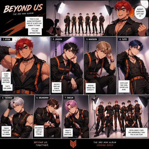 A Full page Anime Comic book story about of a masculine and Bulky ANIME Cute Bara Man. With no piercings and Wearingin a K-pop boy and outfit and Red Hair and Bright Orange Hair Tips and Strait is wearing Fluffy short Hair a brown eyes and black eyebrows. Dressed like that look as and at A Photo shoot each member taking a photo for there new album. Each Member evenly getting pictures