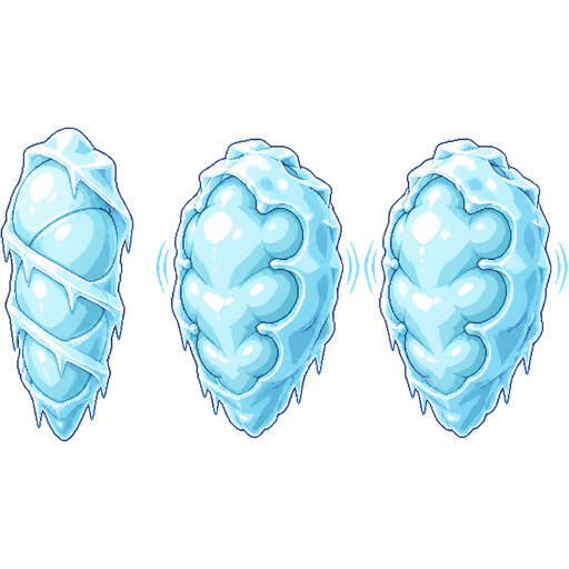(1 light cyan ice snow slikworm cocoon with white highlights covered with thick layers of ice sheet sprites) (2 lumpy light cyan ice snow slikworm cocoon with white highlights covered with thick layers of ice sheet pulsating like a human heart with 3 lumps inwards sprites) (3 lumpy light cyan ice snow slik worm cocoon with white highlights covered with thick layers of ice sheet pulsating like a human heart with 3 lumps inwards sprites) video game sprites (cute cartoon clipart)