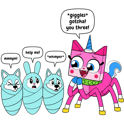 non-transparent light cyan cocoon shaped like fox the non-transparent light cyan cocoon shaped like fox says mmmph! non-transparent light cyan cocoon shaped like rabbit the non-transparent light cyan cocoon shaped like rabbit says help me!
non-transparent light cyan cocoon shaped like wolf the non-transparent light cyan cocoon shaped like wolf says *whimper* next to pink cat white wrists blue hands white ankles yellow feet green collar unicorn drider hybrid giggling saying *giggles* gotcha! you three! unikitty style