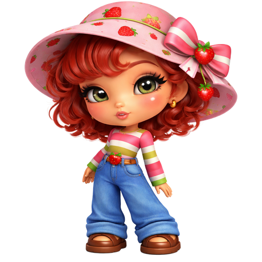 Strawberry Shortcake with a Petite Waist with a Medium Buff Skin Tone Upturned Eyes Wispy Eyelashes Soft Arched Eyelashes wearing a Pink Sunhat with Strawberries all over it with a Ribbon and a Strawberry Connected to a Pink, White and Green Bow also wearing a Red, Pink, Green and White Long Sleeve Shirt with Baggy Blue Jeans and Brown Strapped Close Toed Shoes with Copper Red Short Curly Hair and Green Eyes with Downward Turned Lips and a Orange Blush with a Soft Sunset Effect on the Eyelids