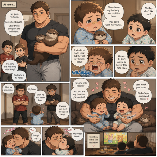 A DETAILED AND LIFELIKE and detailed anime Comic Book story view of a Bulky but Muscular ANIME Cute Bara Man With Peach toned skin Who looks Normal aind round facial Structure and Basic facial structure With Puffy and Big Pecs that are visible through the shirt and Biceps and Bandaid on his nose and Brown short hair that makes them look tough. Wearing normal With his pet Grown and healthy realistic otter and 2 little brothers that despises the baby and the baby knows and baby that are in different ages but young. At the house, the baby is with his best friend baby on a play date and the baby tells the baby‘s best friend that he isn’t favored by the brothers and the baby‘s best friend is scared and the brother‘s hate the baby. And the baby guys to impress the other brothers but the only brother that Lawson was the big one. And cries, and and speaks grammatically incorrect. and the big brother has so much fun with the babies and watches their show with them and cuddles piecesand kisses both of them