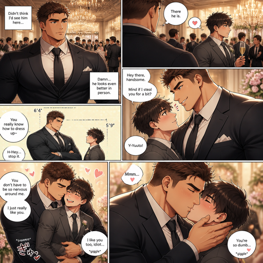 A DETAILED AND LIFELIKE ANIME Comic Book story view of a Big but Bulky ANIME Cute Bara Man With Peach toned skin Who looks Normal and 20 years old and a Perfect and Manly facial structure With Puffy and Big Pecs that are visible through the shirt and Biceps and Short Brown hair that makes him looks Tough and Intimidating. Wearing a Suit and Had a Perfect Physique in it. At wedding and sees his crush and he looks so handsome he is 6’4 but his crush is 5’9 and fully grown and he tower over his crush when he flirts. And he hugs him around the waist and kisses and they giggle