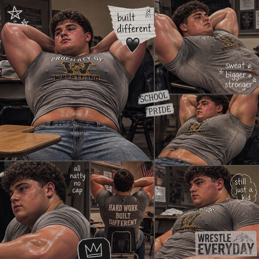 A Bulky, Gigantically Muscular American Teenager with Beefy Arms and a Chest a Basic and Round looking face with Dark Brown hair and brown eyes and Chunky Arms and Pecs with a Tall Grotesque wrestler’s body. Drenched in Sweat. Wearing a School Spirit short that’s Tight around the waist when he stretches and Jeans. Stretching in a chair with a Desk