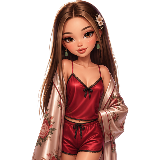 semi-realistic soft cartoon luxury glam, mini plush Bratz-doll aesthetic, cinematic glow, crisp clean detail, glossy glam skin. brown eyed Petite 5ft girl, fair skin with soft freckles, wide face with tall forehead, honey-brown almond wide-set upturned eyes, fluttery lashes, shimmer highlight, plush lips, bottom heavy lip, sweet Belle-princess vibe, long straight brunette hair with visible caramel highlights, wearing a deep red satin pajama cami with black trim, matching silky sleep shorts, a pale floral robe, jade earrings, hair in sleek straight hair with a floral pin, makeup with softly smoked liner, rose-plum blush, and a glossy pink-beige lip, posing with calm elegant cozy energy and a quiet confident smile