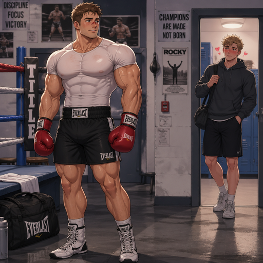 A Full Body view of a Bulky and Muscular and more Muscle than Fat ANIME CUTE Bara Man Who looks Normal and American with a Basic facial structure With PUFFY and BIG Pecs that are visible through the shirt and Biceps with a cut on his nose. Wearing Boxing clothes. With his male crush watching him blushing when he sees him