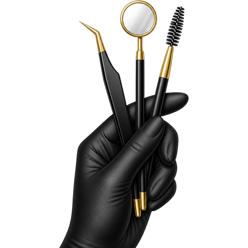 A beauty illustration style emoji/sticker design of a black nitrile glove hand holding professional lash extension technician tools. The tools are sleek matte black with elegant shiny gold accents, including lash tweezers, a lash mirror, and a lash brush. Minimal, clean luxury beauty aesthetic with smooth polished shading and simplified details. No jewellery, no logos, no text, no branding. Feminine premium salon vibe inspired by modern emoji-style artwork. High-quality digital illustration, soft glossy finish, clean outlines, balanced detail level, chic black and gold colour palette, transparent PNG style, 8K resolution, crisp and professional.