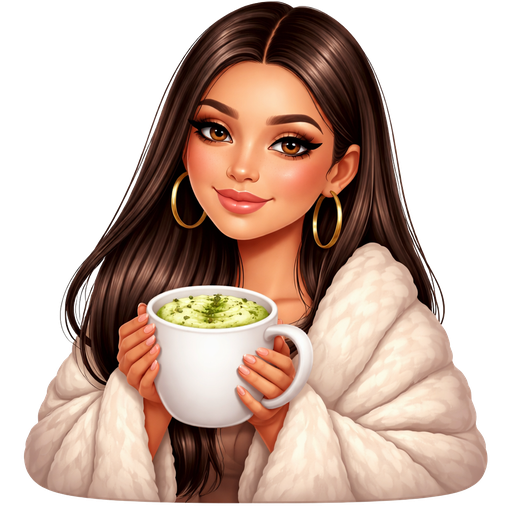 Una ragazza con il latina make-up con capelli lisci che si vede fino al busto con una coperta sulle spalle che tiene tra le mani una tazza di macha latte caldo