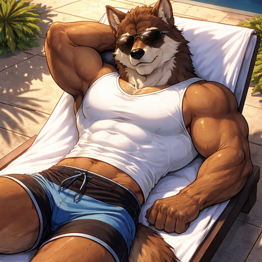 A Full Body Image of a Hunky and Chunky a Brown Wolf that is Muscular but not to muscular Masculine and Handsome and Ginormous Arms and a Rounded Huge Pecs and Short Strait Hair. Dressed in a Sleeveless tight white shirt with a Short waist. Lying with sunglasses on and swimming trunks