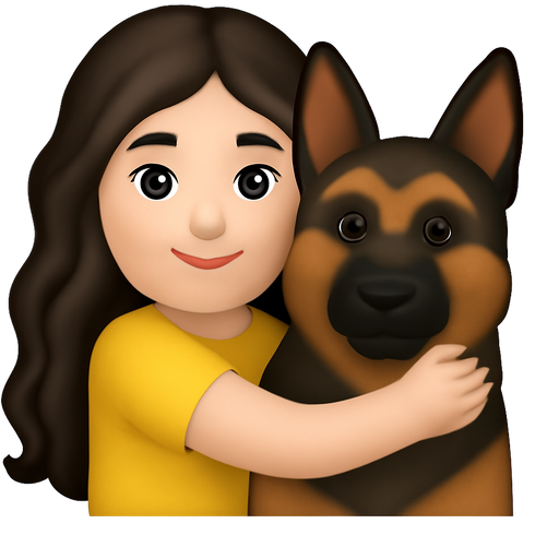 a light skinned girl with EXTRA LONG DARK BROWN wavy hair smiling hugging a black and brown German Shepard