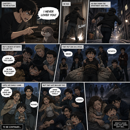 A comic book of a Man and a Baby otter and the man is mad at the cute baby otter and says I never loved you so he runs down the apartment and and Runs but a bunch of boys bully him. And they Put him on a rock until his family came but they got bullied too